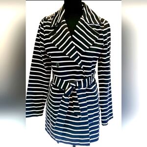LOFT Trench Coat Navy & White Stripes Double Breasted Wrap Around Tie sz Sm